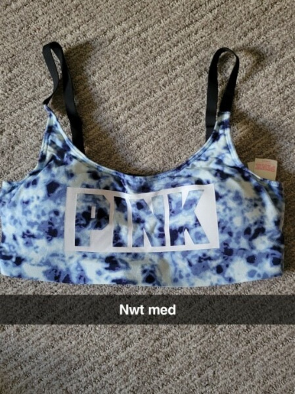 PINK Victoria's Secret Blue Tie-Dye Logo Scoop Sports Bra with Black Straps